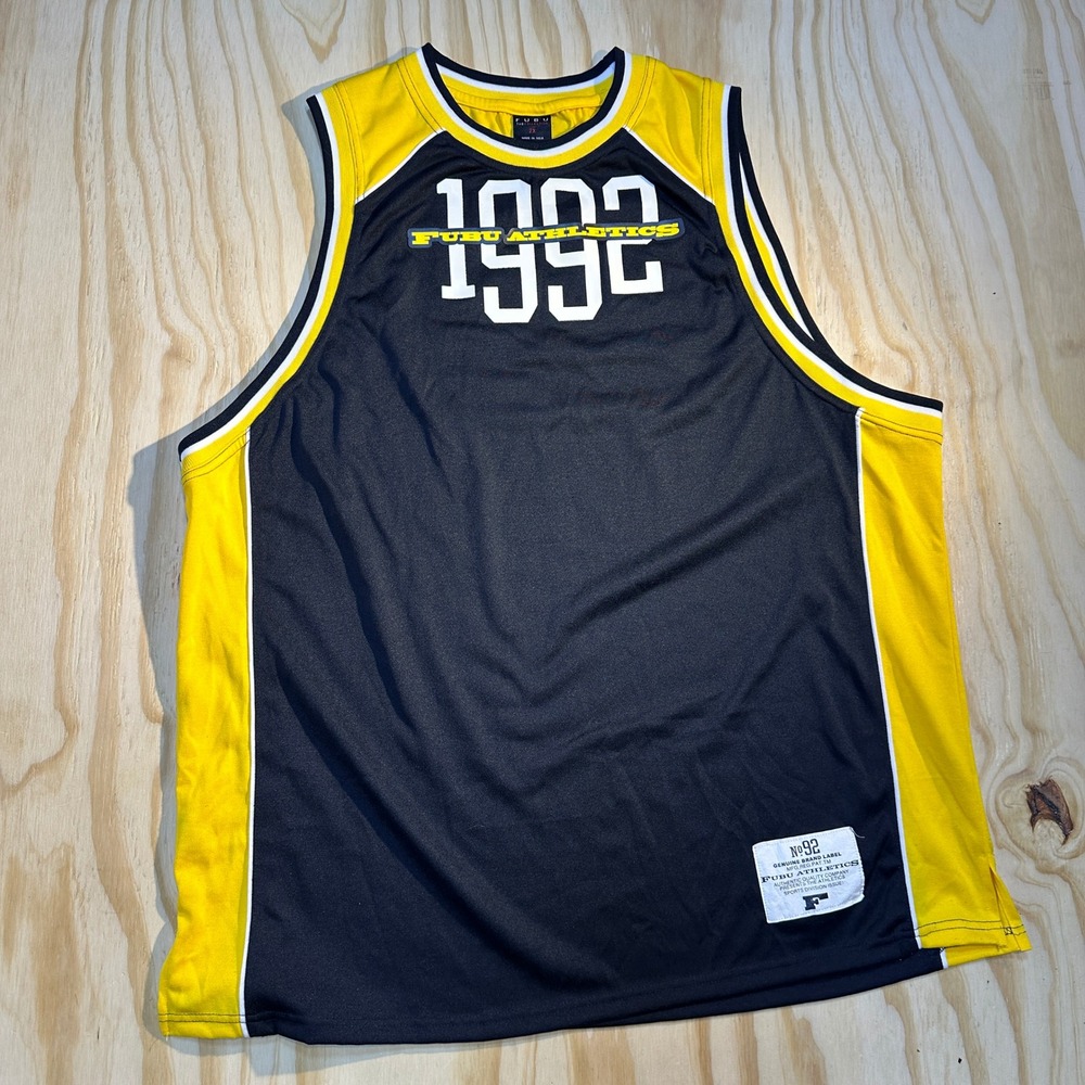 FUBU Athletics 1992 Sleeveless Jersey Mens 2X Black Yellow Streetwear Tank Top
